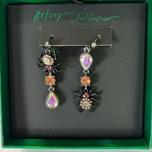 Betsey Johnson Orange Crystal Spider Mismatch Earrings hematite tone NWT
